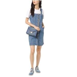 Michael Kors Stretch Denim Dress Pockets Straps Overalls Preppy 90s Size 12 NEW